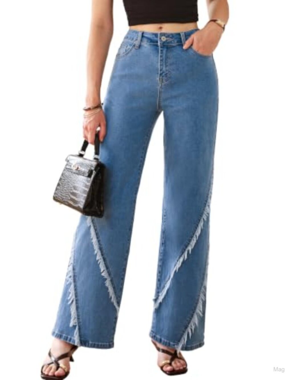 Women's Wide Leg High Waisted Stretchy Denim Jeans Frayed Slit
